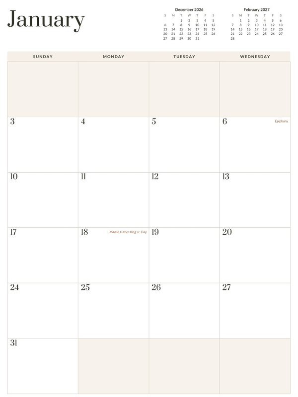 Monthly calendar page from The P.A.U.S.E. Planner 2027