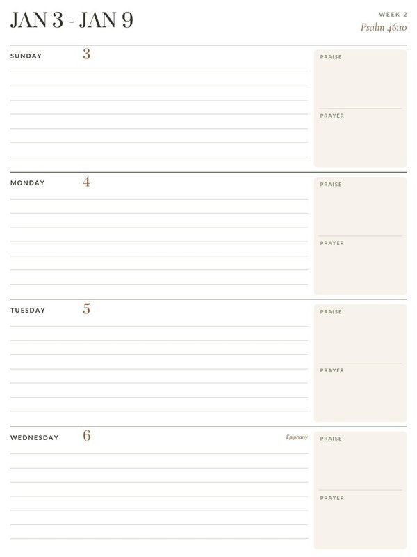 Weekly page with Praise and Prayer boxes and Psalm 46:10